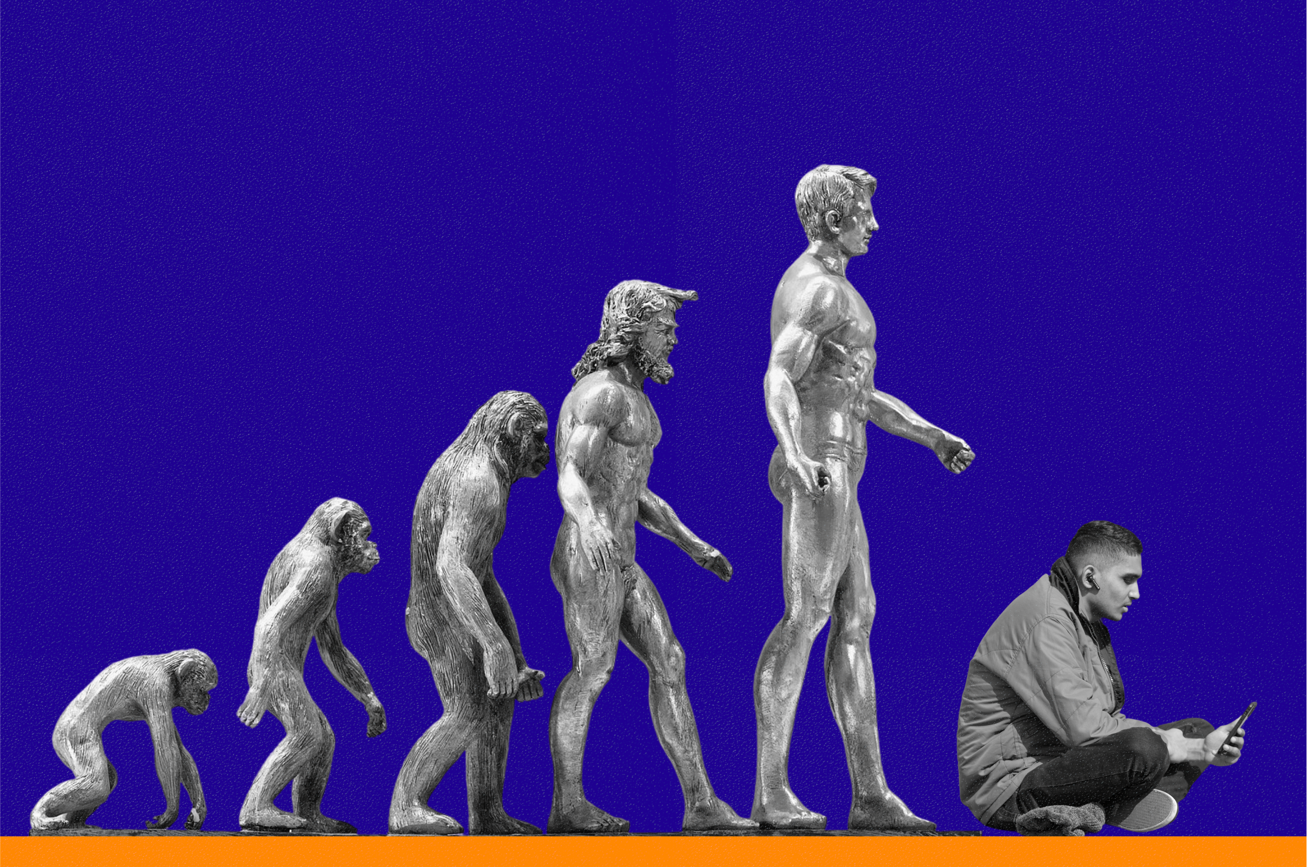 A hero image, showing the march of progress, followed by a man sitting down, hunched over, looking at his phone, representing mobile phone usage as a reduction in progress.