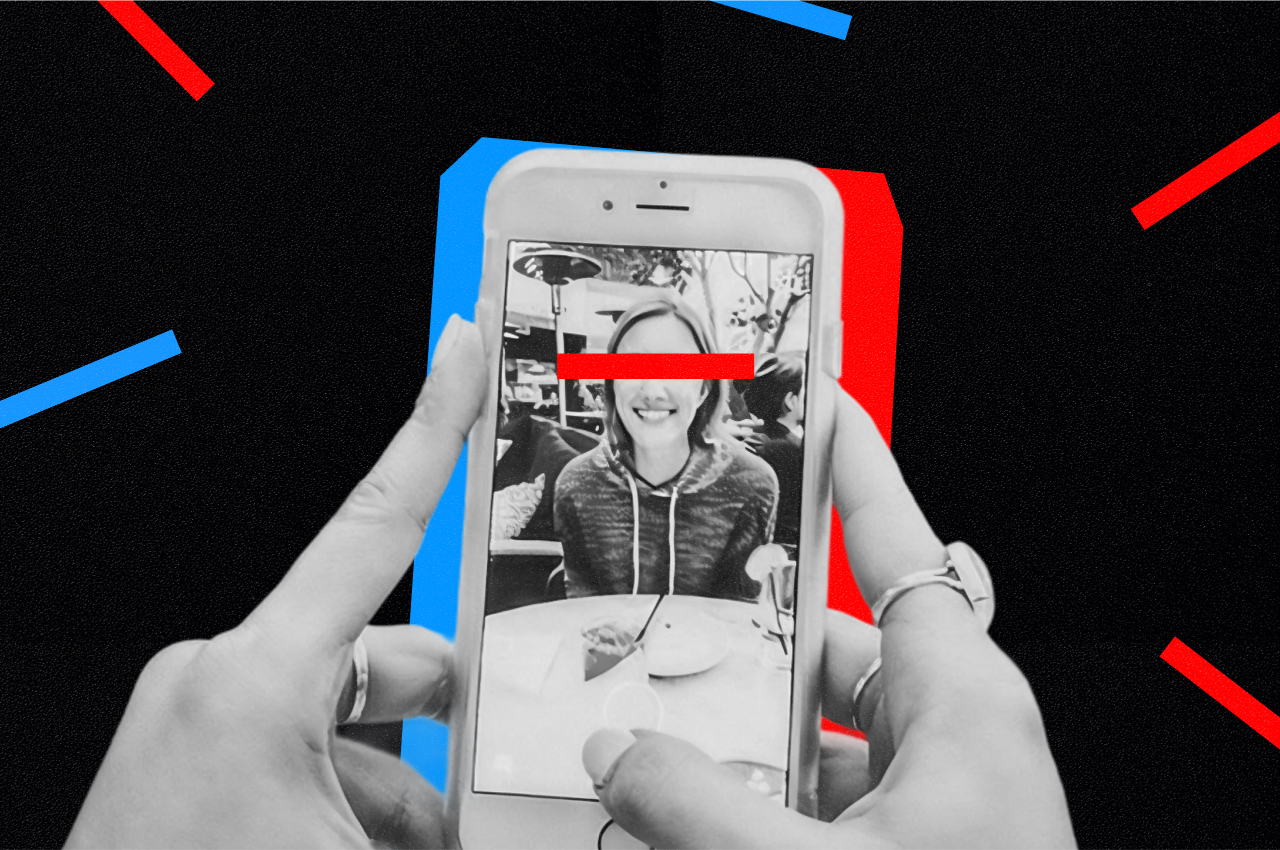 A black & white cover image, showing a person taking a photo of a woman on an iPhone. The woman’s eyes are hidden under a red line. 